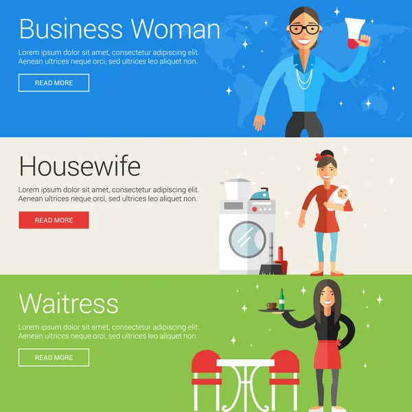 Business Woman. Housewife. Waitress. Flat Design Vector Illustration Concepts for Web Banners and Promotional Materials — Stock Vector