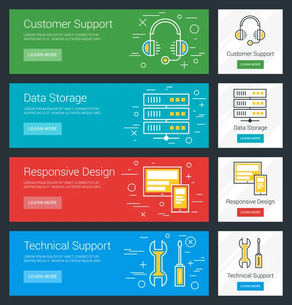 Customer Support. Data Storage. Responsive Design. Technical Support. Flat Design Concept. Set of Vector Web Banners — ストックベクタ