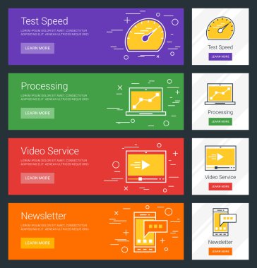 Test Speed. Processing. Video Service. Newsletter. Flat Design Concept. Set of Vector Web Banners