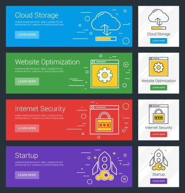 Cloud Storage. Website Optimization. Internet Security. Startup. Flat Design Concept. Set of Vector Web Banners
