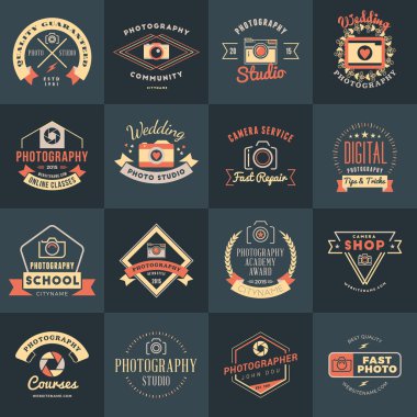 Vector Set of Photography Logo Design Templates. Photography Retro Vintage Badges and Labels.  Wedding Photography. Photo Studio. Camera Shop. Photography Community