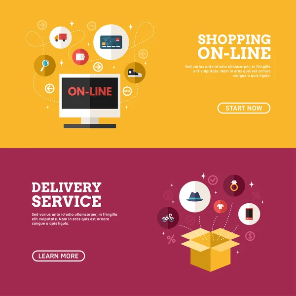 Shopping en ligne. Service de livraison. Ensemble de concepts de conception plate pour les bannières Web et le matériel promotionnel — Image vectorielle