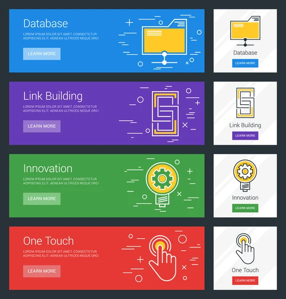 Base de datos. Edificio Link. Innovación. Un toque. Concepto de diseño plano. Conjunto de Banners Web Vectoriales — Archivo Imágenes Vectoriales