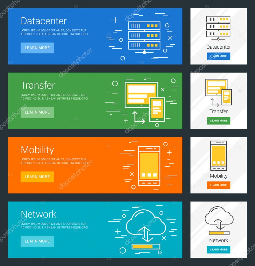 Datacenter. Transfer. Mobility. Network. Flat Design Concept. Set of Vector Web Banners
