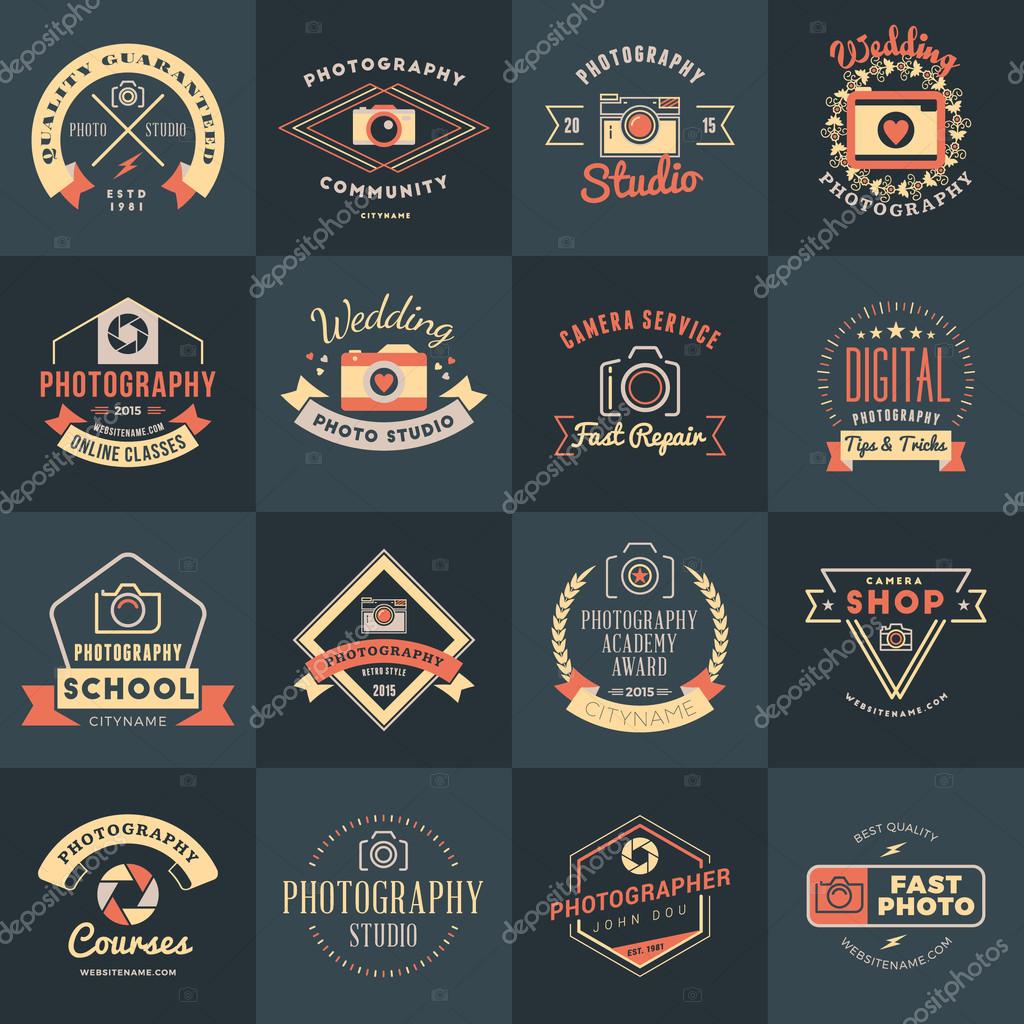 Vector Set of Photography Logo Design Templates. Photography Retro Vintage Badges and Labels.  Wedding Photography. Photo Studio. Camera Shop. Photography Community