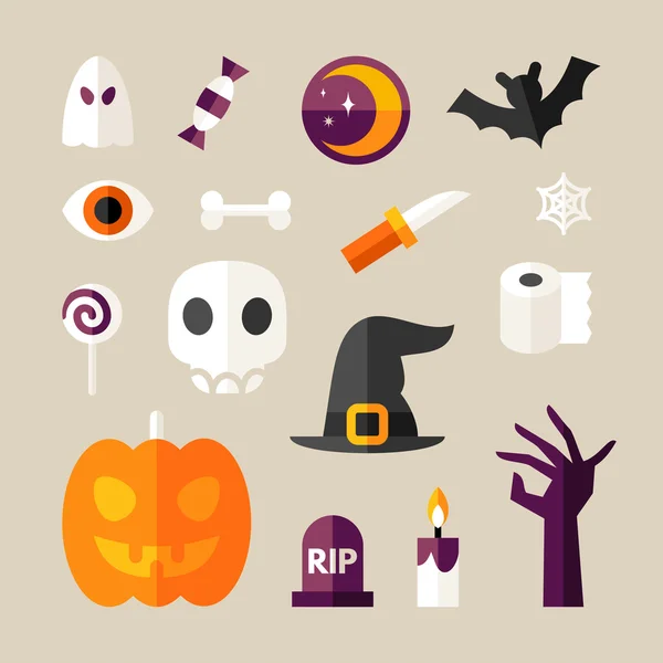 Conjunto de ilustraciones vectoriales de Halloween y elementos decorativos. Calabaza, Calavera, Hueso, Mano, Tumba, Vela, Luna, Fantasma — Archivo Imágenes Vectoriales