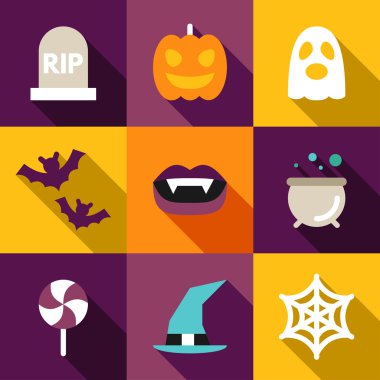 Set of Flat Design Halloween Illustrations. Grave, Ghost, Pumpkin, Bats, Candy, Potion