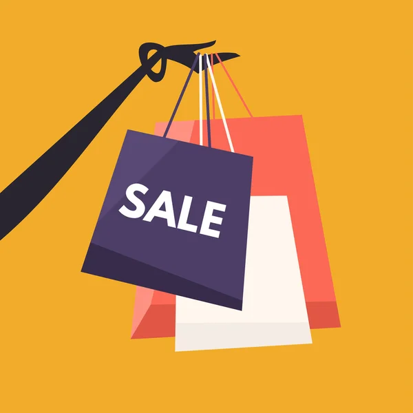 Womans Hand with Bags on Yellow Background. Shopping and Sale. Flat Design Vector Illustration — Stok Vektör