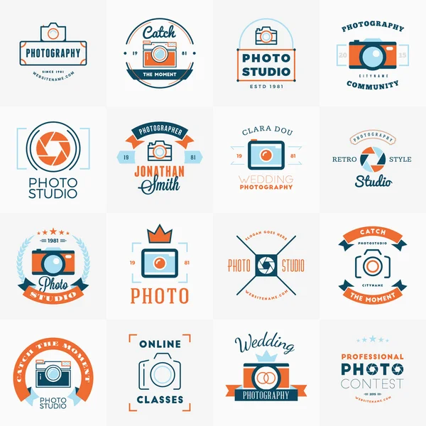 Vector Conjunto de Plantillas de Diseño de Logo de Fotografía. Fotografía Retro Vintage Badges and Labels. Fotografía de boda. Estudio fotográfico. Tienda de cámaras. Comunidad de fotografía — Archivo Imágenes Vectoriales