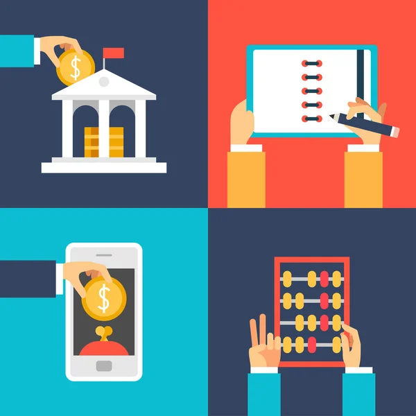 Set di illustrazioni di business vettoriali di design piatto. Banca, Organizzatore, Pay Per Click, Contabilità — Vettoriale Stock
