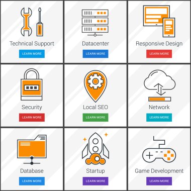 Technical Support, Data Storage, Network, Startup, Internet Security. Flat Design Concept. Set of Vector Web Banners