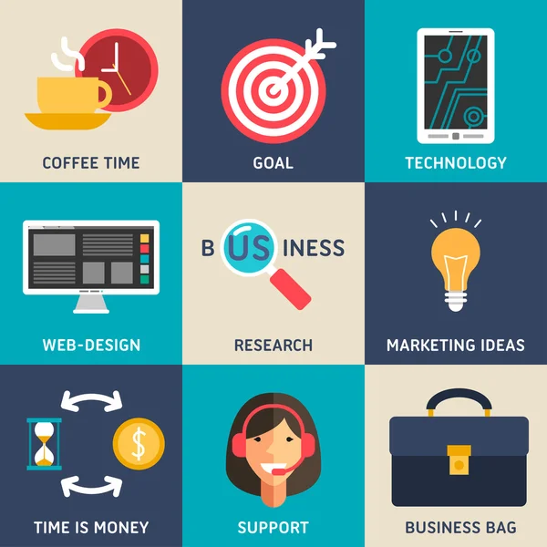Set di icone business vettoriali di design piatto. Caffè tempo, Obiettivo, Web Design, Idee di marketing, Supporto — Vettoriale Stock