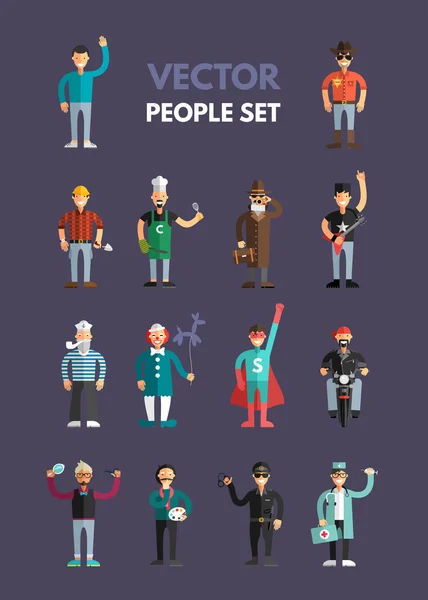 Conjunto de personajes profesionales de diseño plano. Hombres listos. Velero, Vaquero, Estilista, Policía, Payaso, Pintor, Ciclista, Espía, Superman, Doctor, Constructor — Vector de stock