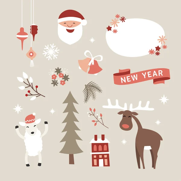 Sada Vánoce a nový rok roztomilý vektorové prvky návrhu s kreslenými postavičkami — Stockový vektor
