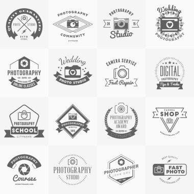 Vector Set of Photography Logo Design Templates. Photography Retro Vintage Badges and Labels.  Wedding Photography. Photo Studio. Camera Shop. Photography Community