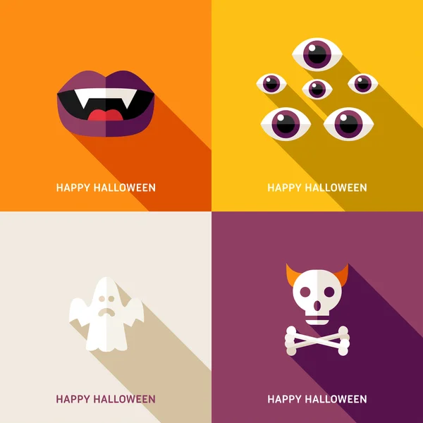 Conjunto de cartões de cumprimento de Halloween de design plano. Dentes, Olhos, Fantasmas, Crânio — Vetor de Stock