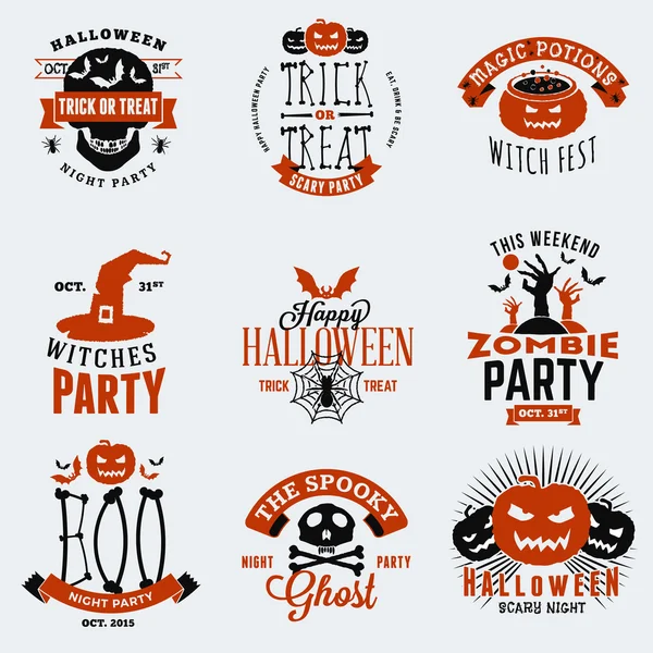 Set di distintivi Vintage Happy Halloween, Adesivi, Etichette. Elementi di design per biglietti di auguri o volantini. Illustrazione vettoriale — Vettoriale Stock