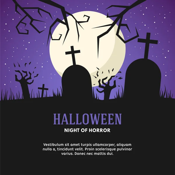 Ilustración vectorial de Halloween con tumba, zombis y luna — Archivo Imágenes Vectoriales