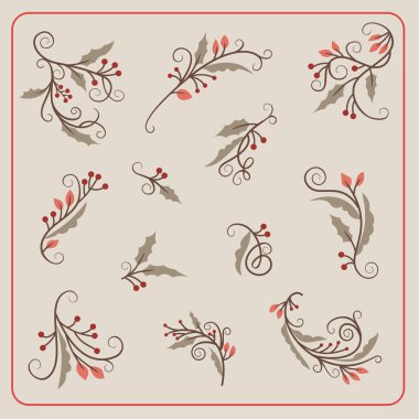 Set of Hand Drawn Vector Christmas Decoration Mistletoe Branches with Berries