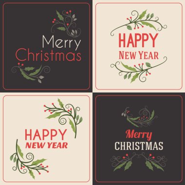 Set of Christmas Postcard Decorative Greetings with Mistletoe Branch, Berries and Typographic Design Elements. Hand Drawn Vector Illustration