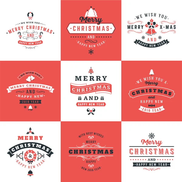 Uppsättning av Retro Vintage typografiska god jul och gott nytt år emblem. Vektor Illustration. Röda, svarta och vita färger — Stock vektor