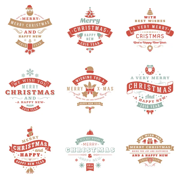 Retro Vintage tipografik neşeli Noel ve mutlu yeni yıl rozetleri kümesi. Vektör çizim Retro renkleri