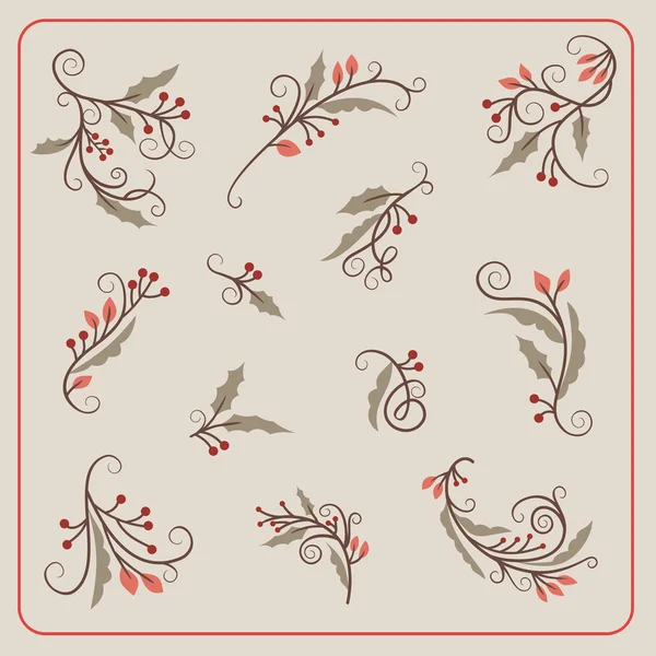 Set of Hand Drawn Vector Christmas Decoration Mistletoe Branches with Berries — Stockový vektor