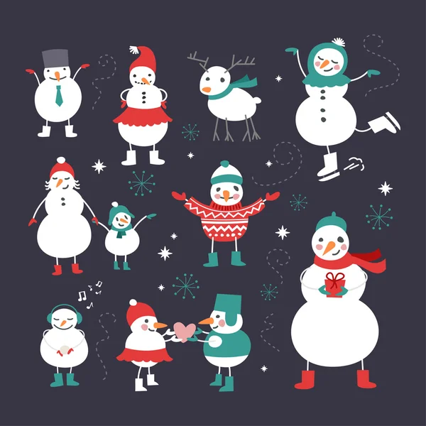Set of Christmas and New Year Cute Hand Drawn Vector Decorative Design Elements with Snowmans — Stockový vektor