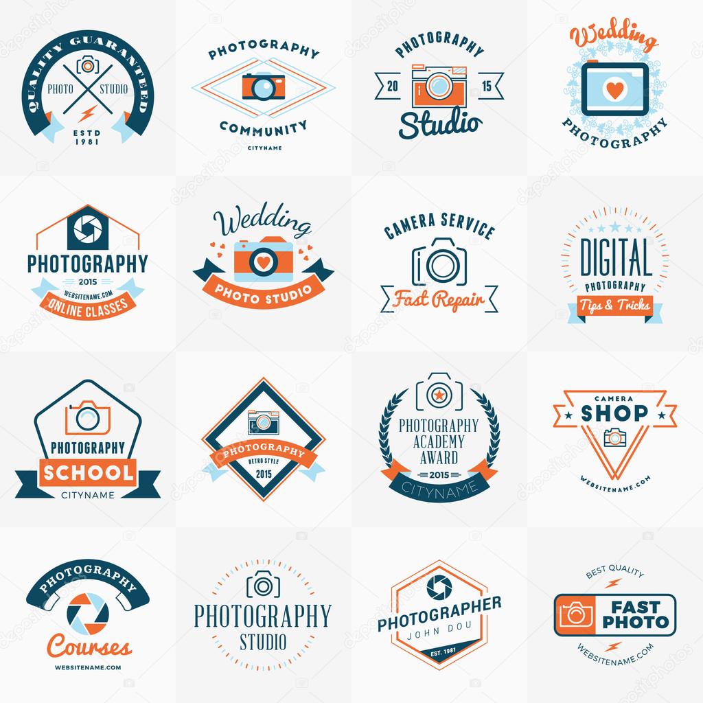 Vector Set of Photography Logo Design Templates. Photography Retro Vintage Badges and Labels.  Wedding Photography. Photo Studio. Camera Shop. Photography Community