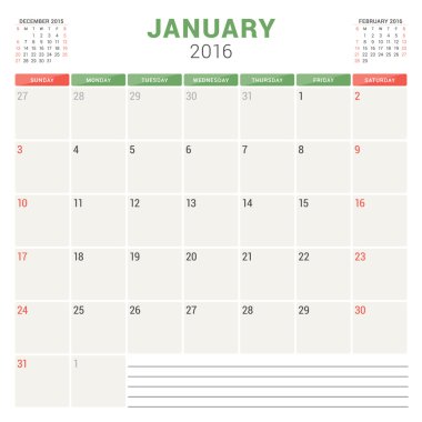 Calendar Planner 2016. Vector Flat Design Template. January. Week Starts Sunday