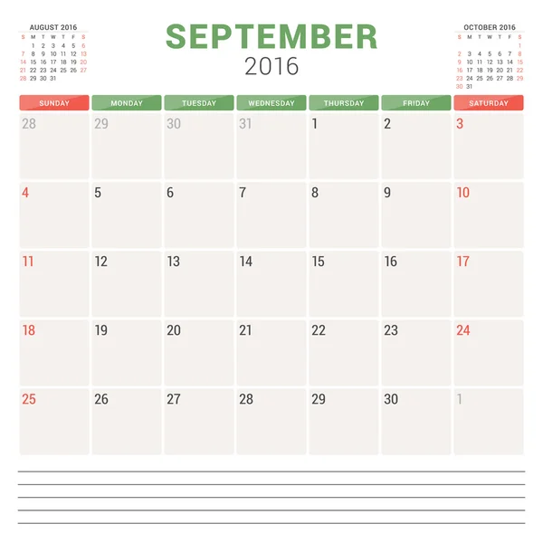 Calendário Planner 2016. Modelo de projeto plano vetorial. Setembro. Semana começa domingo — Vetor de Stock