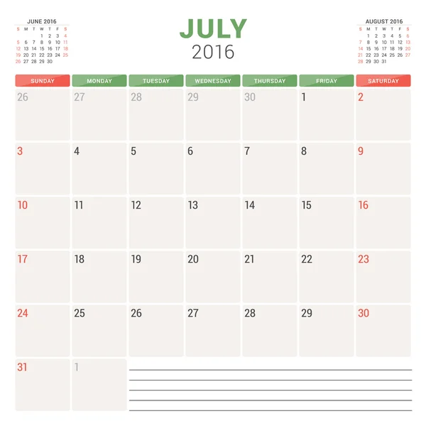 Calendar Planner 2016. Vector Flat Design Template. July. Week Starts Sunday — Stockový vektor
