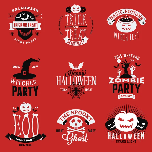 Set di distintivi Vintage Happy Halloween, Adesivi, Etichette. Elementi di design vettoriale per biglietti di auguri, volantini per feste e materiali promozionali. Illustrazione vettoriale — Vettoriale Stock