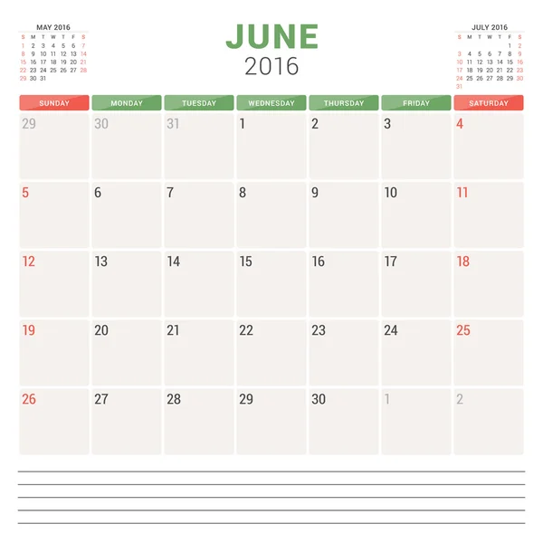 Calendar Planner 2016. Vector Flat Design Template. June. Week Starts Sunday — Stok Vektör