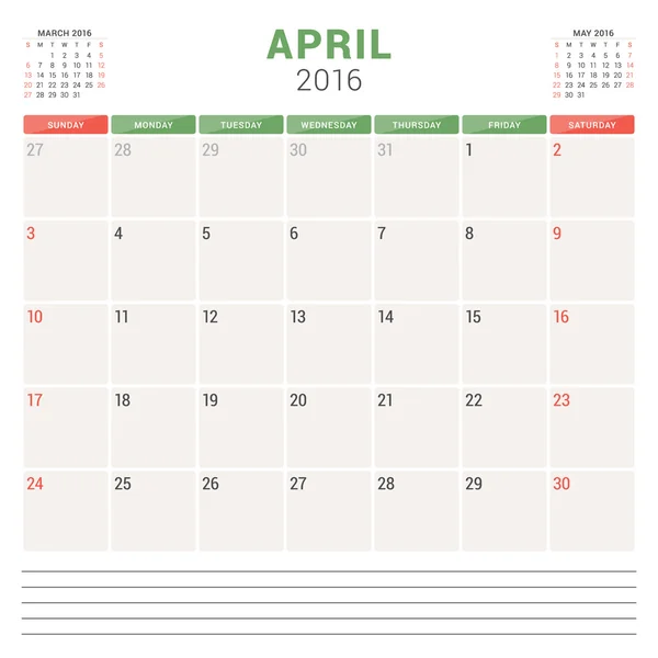 Calendário Planner 2016. Modelo de projeto plano vetorial. Abril. Semana começa domingo — Vetor de Stock