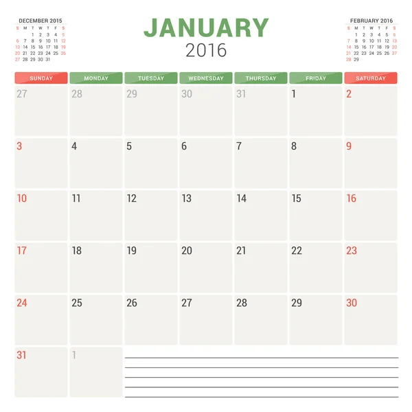 Planificador de Calendario 2016. Plantilla de diseño plano vectorial. Enero. Semana comienza el domingo — Vector de stock