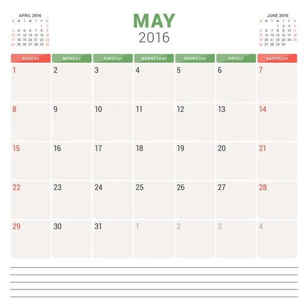 Calendar Planner 2016. Vector Flat Design Template. May. Week Starts Sunday — Stock Vector