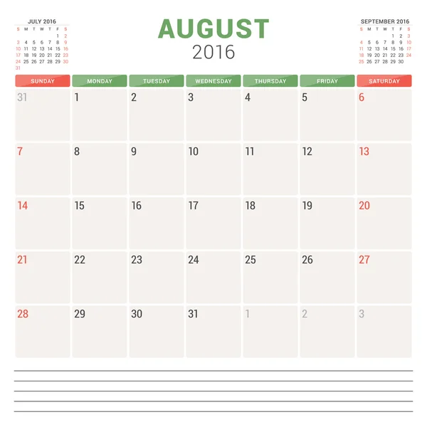 Calendar Planner 2016. Vector Flat Design Template. August. Week Starts Sunday — ストックベクタ