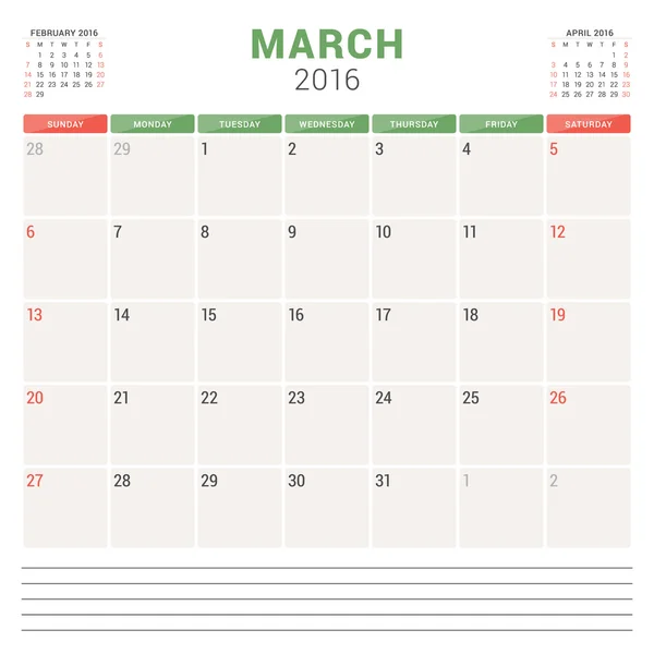 Calendar Planner 2016. Vector Flat Design Template. March. Week Starts Sunday — Stock Vector