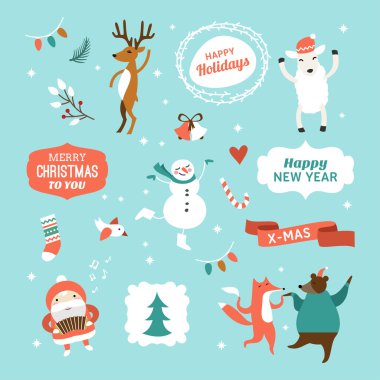 Çizgi film karakterleri ile Noel ve yeni yıl şirin elle çizilmiş vektör dekoratif tasarım öğeleri kümesi