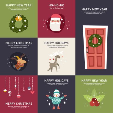 Vektör düz tasarım Noel ve yeni yıl kartpostalları kümesi. Vektör çizim