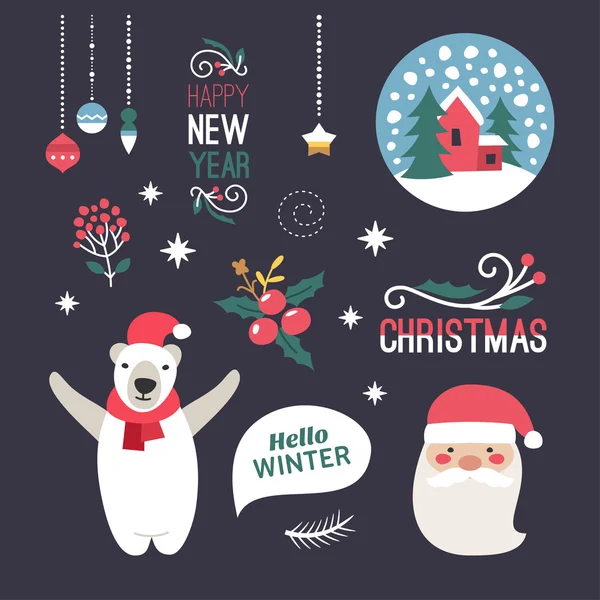Çizgi film karakterleri ile Noel ve yeni yıl şirin elle çizilmiş vektör dekoratif tasarım öğeleri kümesi — Stok Vektör