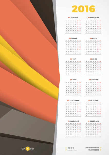 Kalender 2016 Vector ontwerpsjabloon. Week begint maandag — Stockvector