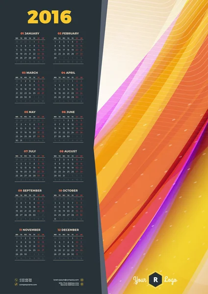 Modelo de design vetorial Calendário 2016. Semana começa segunda-feira — Vetor de Stock