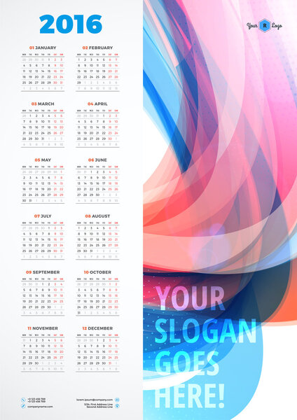 Calendar 2016 Vector Design Template. Week Starts Monday