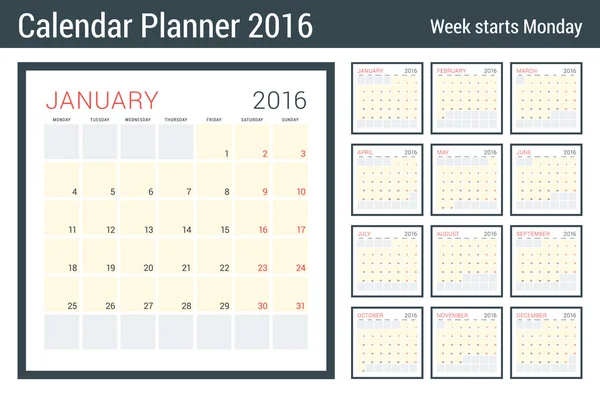 Calendar Planner for 2016 Year. Vector Stationery Design Print Template. Square Pages with Place for Notes. Week Starts Monday. 12 Months — Stock Vector