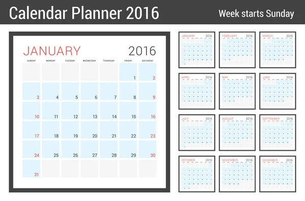 Calendar Planner for 2016 Year. Vector Stationery Design Print Template. Square Pages with Place for Notes. Week Starts Sunday. 12 Months — Stockvector