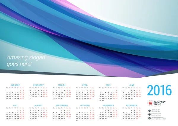 Calendar for 2016 Year. Vector Stationery Design Template with Place for Photo. Landscape Orientation. Week Starts Monday — Stockový vektor