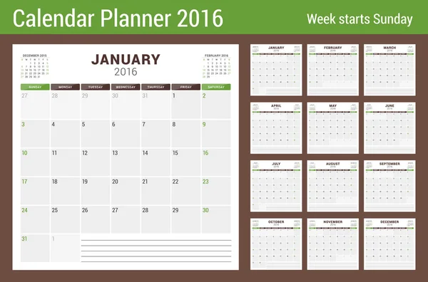 Kalenderplaner für 2016 Jahr. Vektor Papeterie Design Druckvorlage. quadratische Seiten mit Platz für Notizen. 3 Monate auf Seite. Die Woche beginnt am Sonntag. 12 Monate — Stockvektor