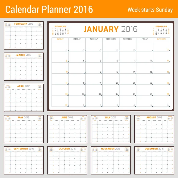 Calendar Planner for 2016 Year. Vector Stationery Design Template. 3 Months on Page. Week Starts Sunday. 12 Months — Wektor stockowy